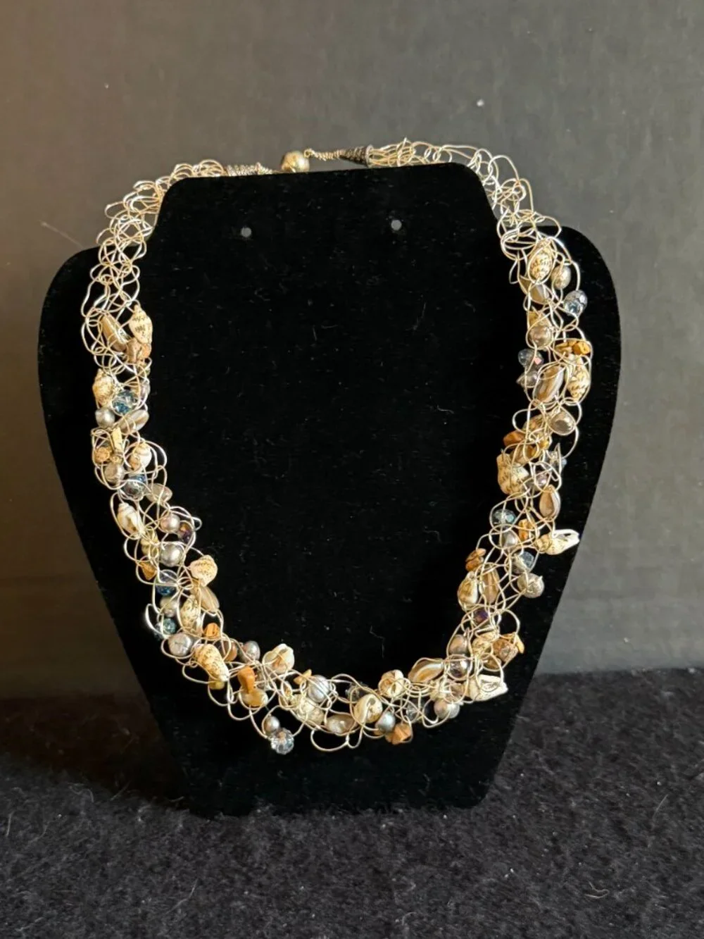 Wire-Woven SilverTone Necklace w/Seashells, Pearls, Faceted Crystal, Stone Chips